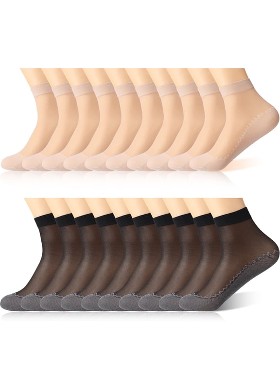 20 Pairs Sheer Ankle Socks for Women, 20D Nylon Silk Socks in Black Nude, Ultra Thin Ankle-High Stocking Socks, Trouser Socks with Reinforced Toe (Fits US 5-8)