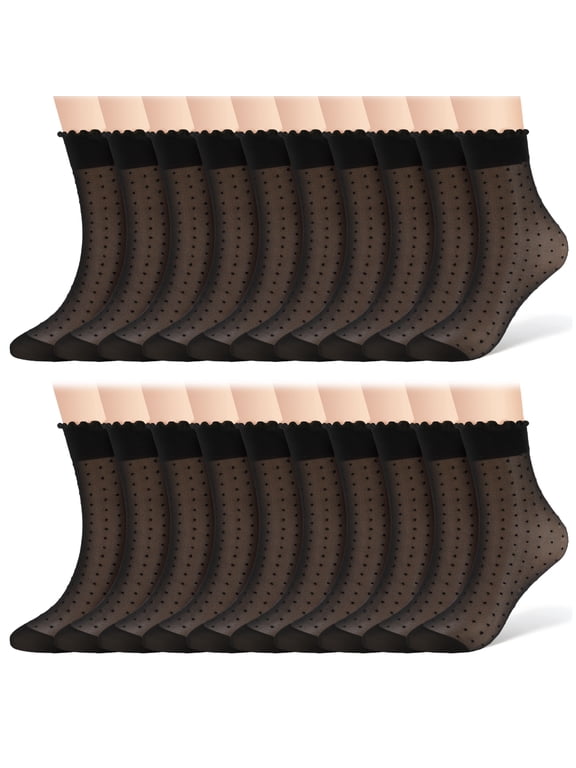 20 Pairs Women’s Sheer Ruffle Socks Nylon Lightweight Breathable Ruffle Trim Black