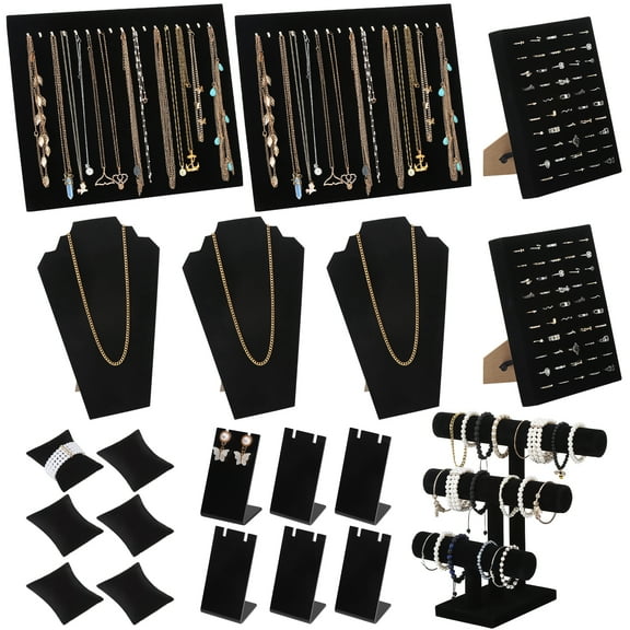 Bocaoying 20 Pcs Velvet Jewelry Display Set, Necklaces Rings Earrings Watches and Bracelets Display Stand, 3 Tier T-Shaped Stand, Jewelry Organizer and Storage for Home Store Show