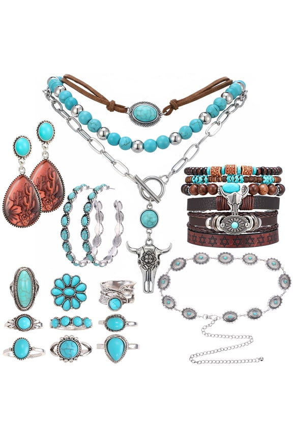21 Pack Turquoise Western Jewelry Set for Women, Boho Vintage Country Cowgirl Necklace Earrings Bracelet Ring, Retro Turquoise Accessories for Party Concert Birthday Festival