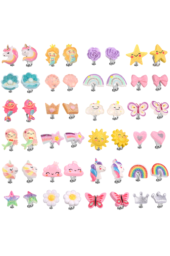 24 Pairs Clip On Earrings for Girls, No Pierced Design Earrings, Dress up Pretend Princess Play Jewelry Set for Kids Ages 4-12, Unicorn, Rainbow, Mermaid, Butterfly, Flower