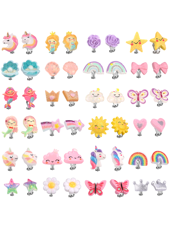 24 Pairs Clip On Earrings for Girls, No Pierced Design Earrings, Dress up Pretend Princess Play Jewelry Set for Kids Ages 4-12, Unicorn, Rainbow, Mermaid, Butterfly, Flower