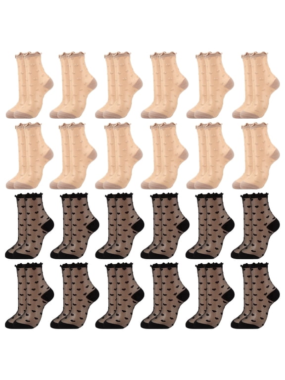 24 Pairs Women's Sheer Socks, Lace Socks with Heart Design, Mesh Ankle Socks, Breathable, Reinforced Heel Toe, Black/Skin Tone, US 6-9