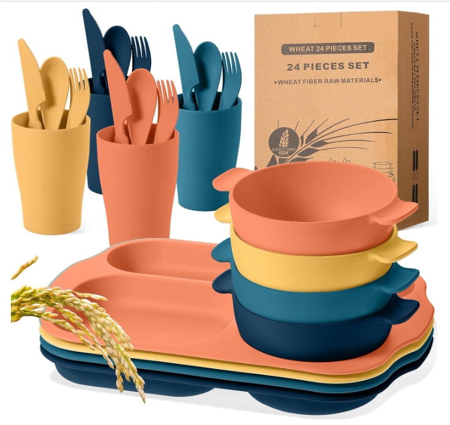 Bocaoying 24 Pcs Wheat Straw Dinnerware Cutlery Sets, Including