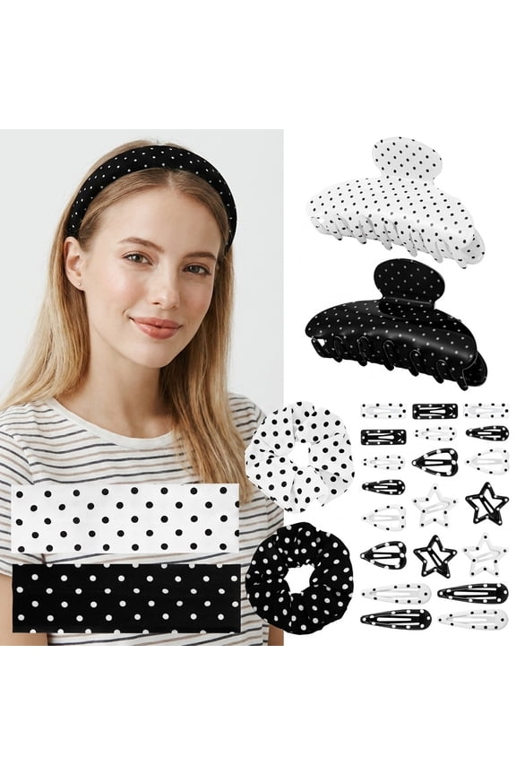 28 Pcs Vintage Polka Dot Hair Accessories, 2 Set Classic Black White Headbands, Stylish Hair Clips Scrunchies for Daily Use, Great Gift for Women