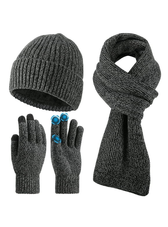 3 in 1 Set Winter Hat Scarf Gloves, Unisex Winter Set for Men and Women with Touch Screen Gloves, Warm Lined Beanie, Soft Flexible Scarf, Ideal Scarf Set for Holiday, Birthday Gift, Grey