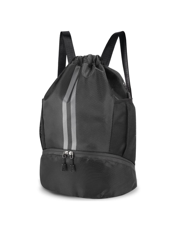 3-Compartment Sports Drawstring Backpack, Water-Resistant Gym Bag with Wet/Dry Separation, Side Pockets & Zipper Pocket, Lightweight Swim Soccer Basketball Sack