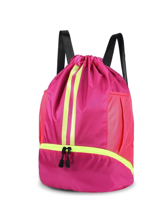 3-Compartment Sports Drawstring Backpack, Water-Resistant Gym Bag with Wet/Dry Separation, Side Pockets & Zipper Pocket, Lightweight Swim Soccer Basketball Sack
