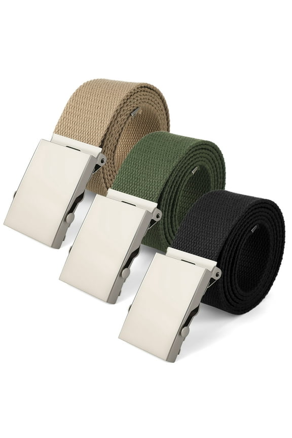 3 Pack Adjustable Canvas Belts for Men, Suit for 32" to 38", Heavy Duty Outdoor Web Belts, Cut-to-Fit Belts with Sturdy Metal Buckle, Casual Outdoor Work No-Hole Belt