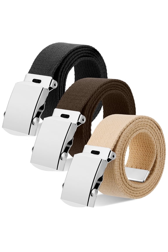 3 Pack Canvas Web Belts for Men, Heavy Adjustable No-Hole Belts with Iron Buckle, Size 32-38, Khaki/Coffee/Black, Cut-to-Fit Design for Outdoor, Work, Casual Wear