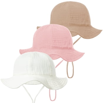 Bocaoying 3-Pack UPF 50+ Baby Sun Hat Cotton Wide BrimAdjustable Chin Strap Windproof 3-12 Months