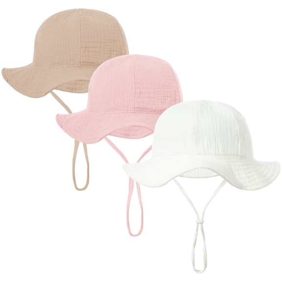 Bocaoying 3 Pack Baby Sun Hat with UPF 50+ Sun Protection, Wide Brim Muslin Fisherman Sunhat for Infants 3-12 Months, Windproof Sun Hat with Adjustable Chin Strap for Boys Girls Beach Park