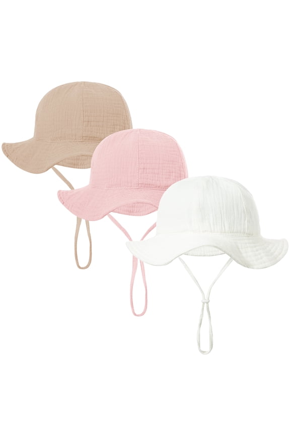 3 Pack Baby Sun Hat with UPF 50+ Sun Protection, Wide Brim Muslin Fisherman Sunhat for Infants 3-12 Months, Windproof Sun Hat with Adjustable Chin Strap for Boys Girls Beach Park
