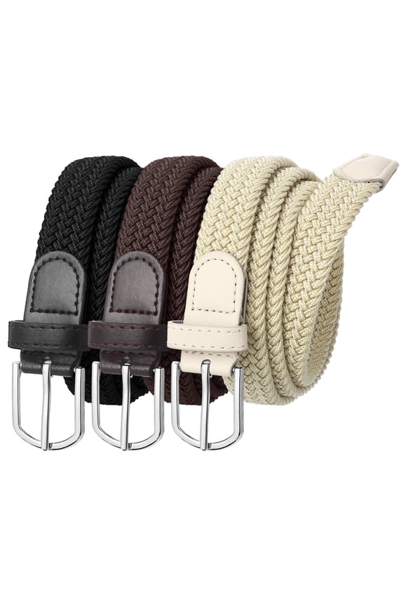 Mens Elastic Belts, Casual Woven No Hole Design, 3 Pack, Fits 28"-32" Waist