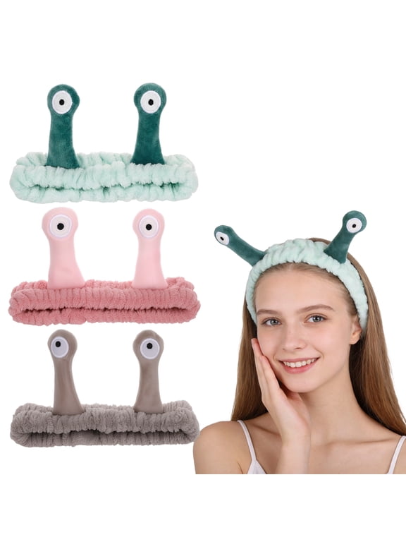 3 Pack Funny Snail Face Wash Headbands, Coral Fleece Spa Hair Bands for Women, Cute Cartoon Makeup Headwrap for Skincare, Shower, Sports, Adjustable Elastic Headband, Brown/Green/Dusky Pink