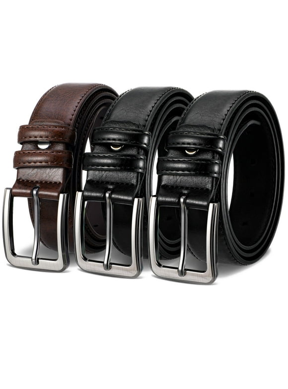 3 Pack Leather Mens Belts, Suit for 32 - 34'', Belts for Men Casual Golf Dress, Black and Brown Genuine Leather Belts with Hole Punch Tool for Work Business and Casual