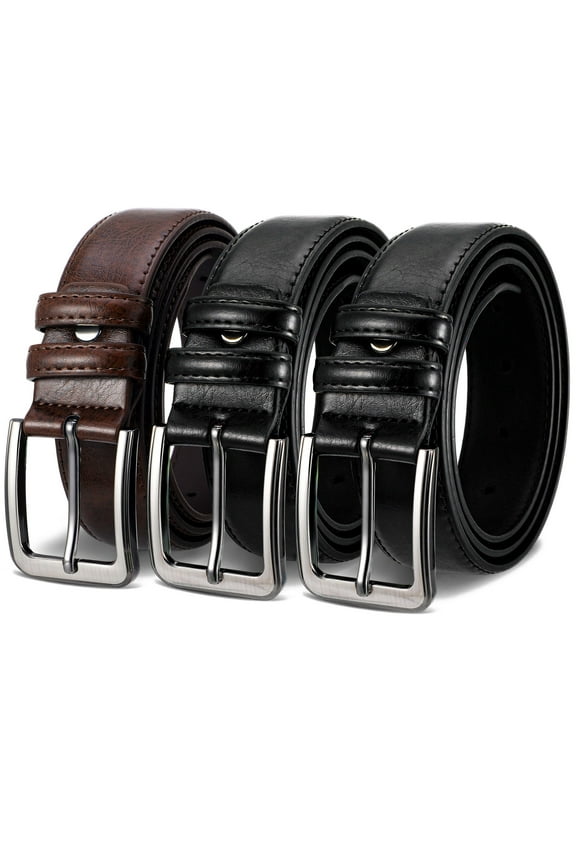 3 Pack Leather Mens Belts, Suit for 32 - 34'', Belts for Men Casual Golf Dress, Black and Brown Genuine Leather Belts with Hole Punch Tool for Work Business and Casual