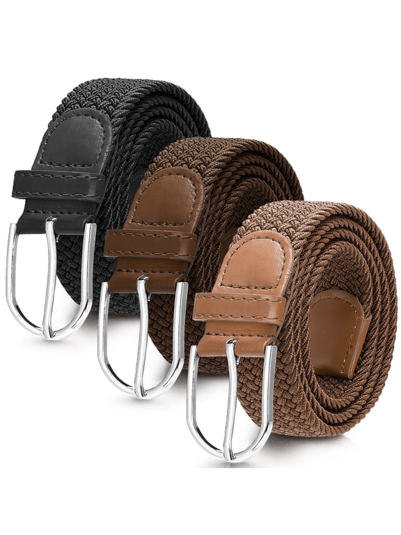 3 Pack Men Braided Belts, Fits Up to 28'' - 33" Waist, Elastic Stretch Belts for Men, 42'' Nylon Woven Belts for Men, No Hole Golf Belt for Men (Black, Brown, Coffee)