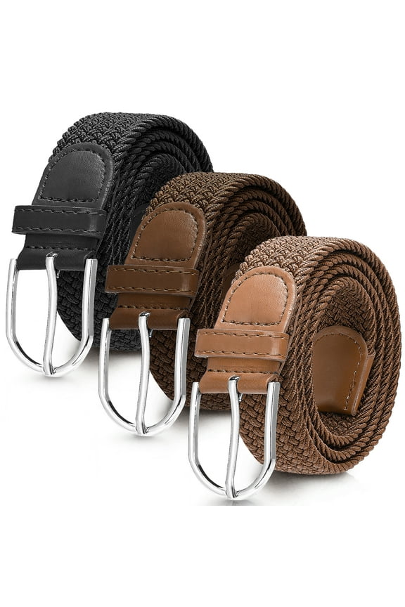 3 Pack Men Braided Belts, Fits Up to 28'' - 33" Waist, Elastic Stretch Belts for Men, 42'' Nylon Woven Belts for Men, No Hole Golf Belt for Men (Black, Brown, Coffee)