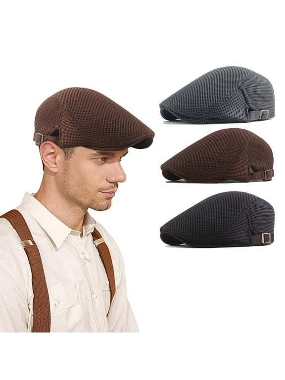 3 Pack Summer Newsboy Hats for Men, Breathable Beret cap, Driving Flat Hats, Adjustable Newsboy Hat for Outdoor, Driving, Hunting, Casual, Golf, 22"-24"