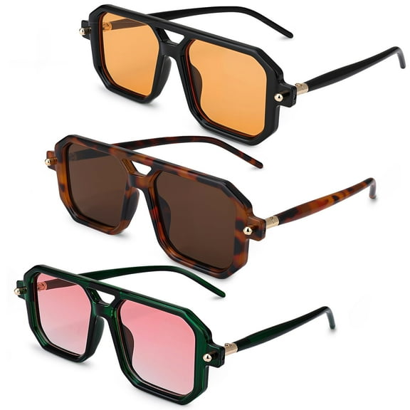 Bocaoying 3 Pack Retro Aviator Sunglasses for Women Men, 70s Square Double Bridge Pilot Sun Glasses with UV400 Protection, Vintage Oversized Shades, Black/Green/Brown