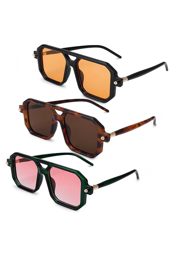 3 Pack Retro Aviator Sunglasses for Women Men, 70s Square Double Bridge Pilot Sun Glasses with UV400 Protection, Vintage Oversized Shades, Black/Green/Brown