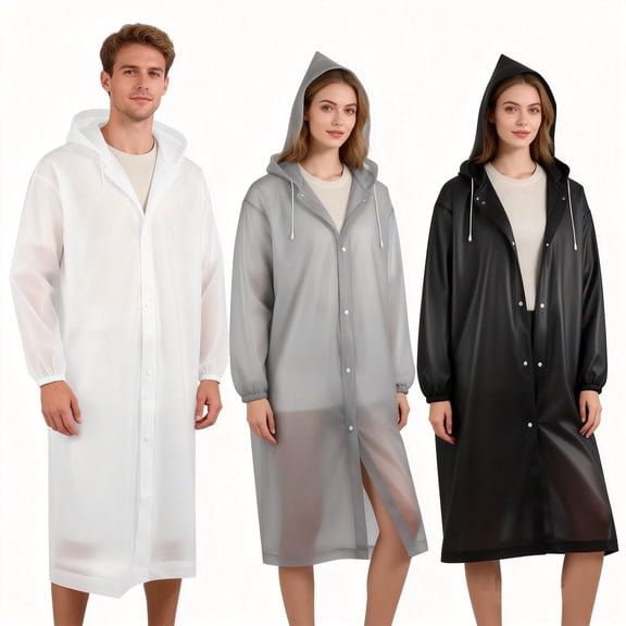 Bocaoying Reusable EVA Rain Ponchos with Hood for Adults, Lightweight & Tear-Resistant, 3 Pack, One Size Fits Most, White/ Gray/ Black