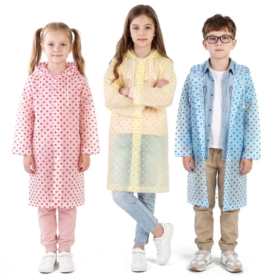 Bocaoying 3 Pack Reusable Rain Ponchos for Kids, Waterproof Raincoats with Hood Drawstring, Thickened Tearproof Emergency Rain Gear for Boys Girls, Unisex, Foldable, Multicolor, One Size