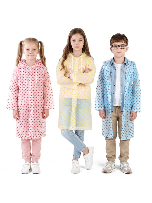 3 Pack Reusable Rain Ponchos for Kids, Waterproof Raincoats with Hood Drawstring, Thickened Tearproof Emergency Rain Gear for Boys Girls, Unisex, Foldable, Multicolor, One Size