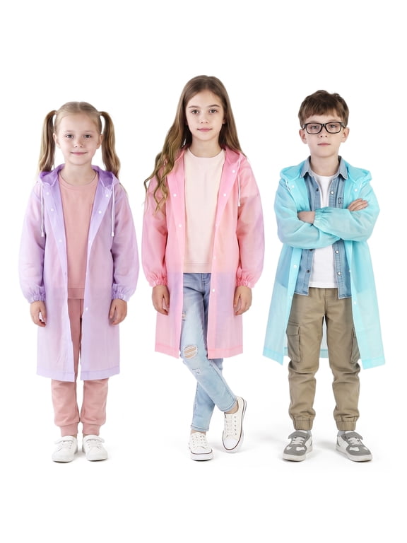3 Pack Reusable Rain Ponchos for Kids, Waterproof Raincoats with Hood Drawstring, Thickened Tearproof Emergency Rain Gear for Boys Girls, Unisex, Foldable, Multicolor, One Size