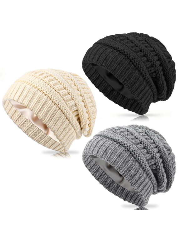 3 Pack Satin Lined Beanie for Women, Warm Slouch Winter Hats with Silk Lined, Fashionable Oversized Cable Knit Hat Skull Cap