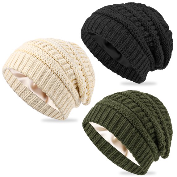 Bocaoying 3 Pack Satin Lined Beanie for Women, Warm Slouch Winter Hats with Silk Lined, Fashionable Oversized Cable Knit Hat Skull Cap