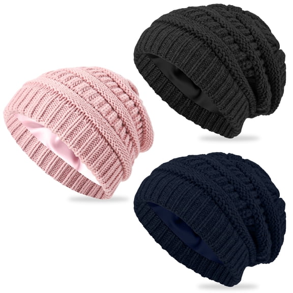 Bocaoying 3 Pack Satin Lined Beanie for Women, Warm Slouch Winter Hats with Silk Lined, Fashionable Oversized Cable Knit Hat Skull Cap
