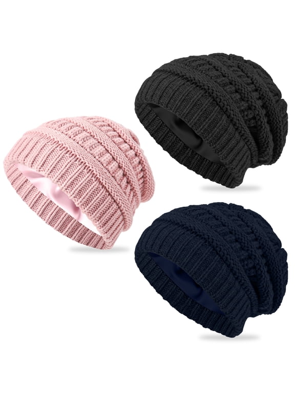 3 Pack Satin Lined Beanie for Women, Warm Slouch Winter Hats with Silk Lined, Fashionable Oversized Cable Knit Hat Skull Cap