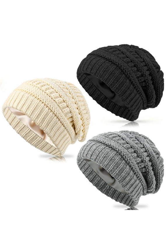3 Pack Satin Lined Beanie for Women, Warm Slouch Winter Hats with Silk Lined, Fashionable Oversized Cable Knit Hat Skull Cap