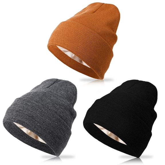 Bocaoying 3 Pack Satin Lined Winter Beanie Hats for Women Men, Silk Satin Lined Beanie Anti Frizz & Static, Knit Soft Warm Cuffed Hat