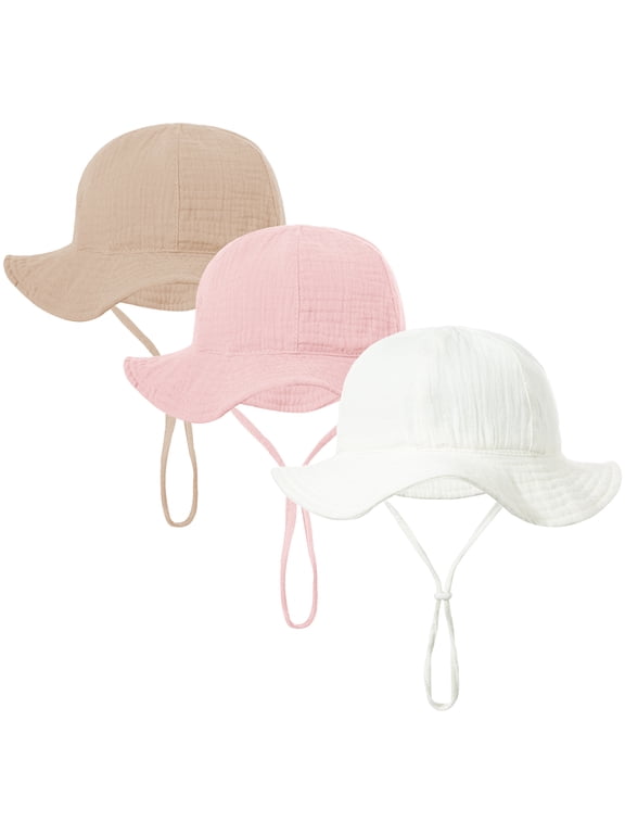 3-Pack UPF 50+ Baby Sun Hat Cotton Wide BrimAdjustable Chin Strap Windproof 3-12 Months
