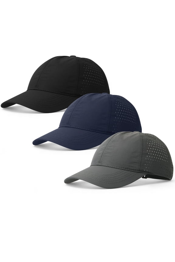 3 Pack Sun Protection Baseball Caps for Men Women, Quick-Dry Breathable Hat with Ventilation Holes, Adjustable Curved Brim Dad Cap for Outdoor Hiking Daily Casual, Black/Dark Grey/Blue