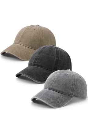 3 Pcs Washed Cotton Baseball Caps for Men Women, Breathable Retro Adjustable Dad Hats with Crown, Curved Brim Ball Caps for Running, Outdoor, Daily Casual Wear, Black/Grey/Khaki