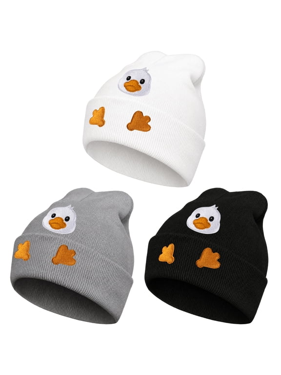 3 Pack Winter Beanie Hats, Toboggan with Goose Embroidered, Thick Ribbed Knit Fisherman Hat, Thermal Windproof Gift for Men Women, Black/Gray/White