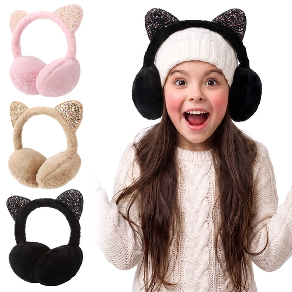 Bocaoying 3 Pack Winter Ear Muffs for Kids, Glitter Cat Ear Plush Ear Warmers, Soft Faux Fur Girls Earmuffs for Outdoor Skiing Camping Hiking (Pink/Black/Khaki)