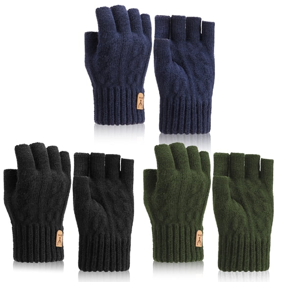 Bocaoying 3 Pack Winter Fingerless Gloves - Thermal Knit Half-Finger Mittens with Stretchy Fit, Unisex for Work, Driving, Hiking & Cold Weather (Black/Blue/Green)