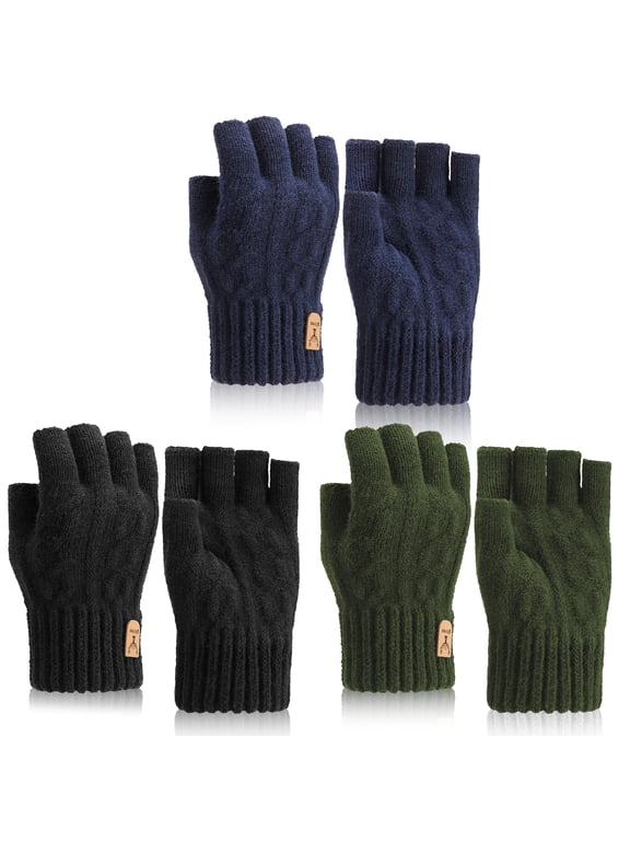 3 Pack Winter Fingerless Gloves - Thermal Knit Half-Finger Mittens with Stretchy Fit, Unisex for Work, Driving, Hiking & Cold Weather (Black/Blue/Green)