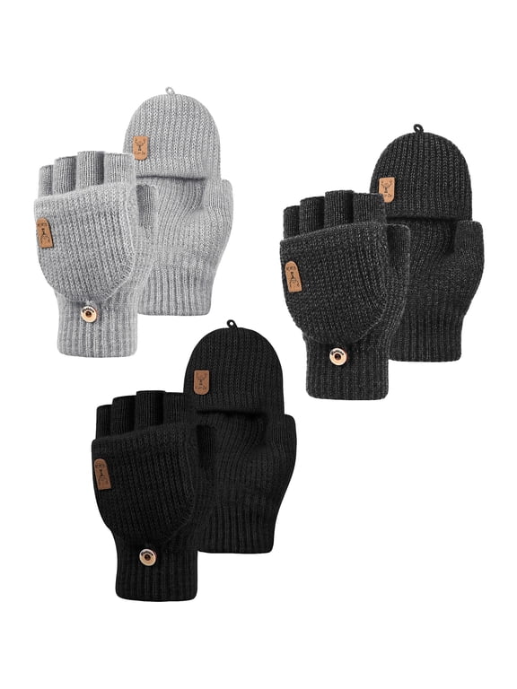 3 Pack Winter Knitted Convertible Fingerless Gloves, Knit Flip Thermal Thick Mittens with Cover for Cycling and Texting Suitable for Unisex