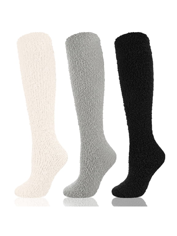 3 Pack Women's Fuzzy Knee-High Socks - Coral Fleece Thick Warm Crew Socks for Winter Sleep, Lounge & Boots, Cozy Gift Set