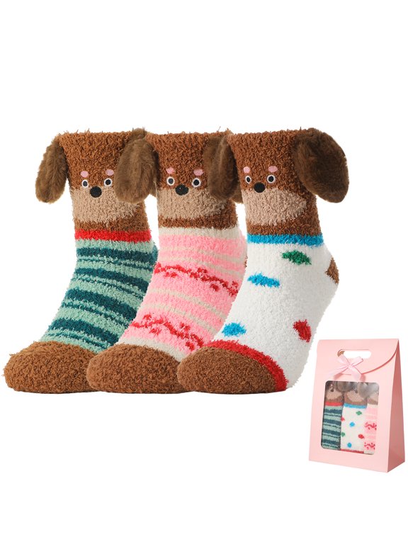 3 Pack Womens Fuzzy Winter Socks - Coral Fleece Thick Warm Sleep Socks with 3D Dog Ears & Pink Bow Gift Bag, Cozy Plush Puppy Socks for Home & Bedroom