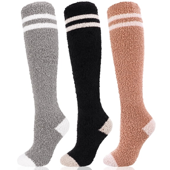 Bocaoying 3 Pack Women‘s Plush Knee-High Socks - Coral Fleece Thigh High Warm Socks with Striped Cuffs, Cozy Sleep & Home Gift Set