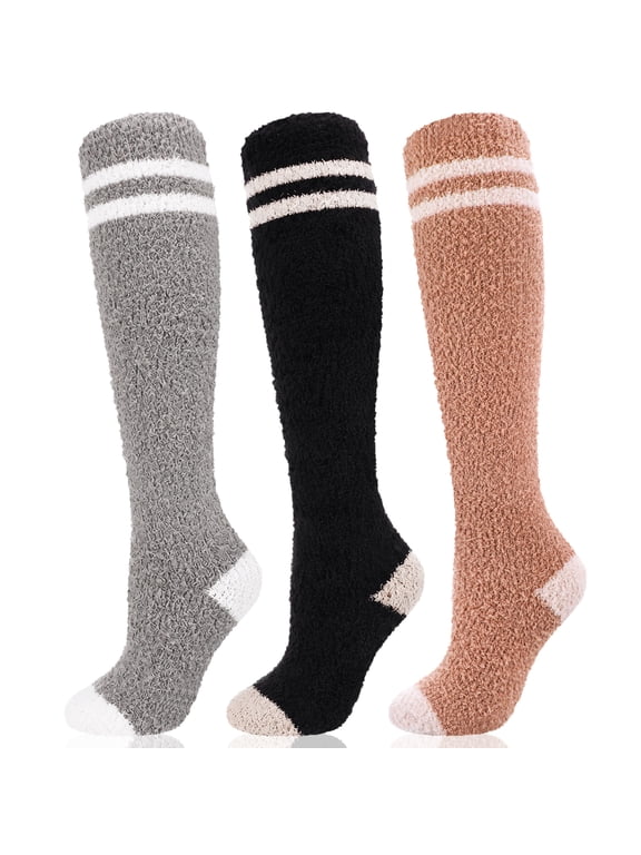 3 Pack Women‘s Plush Knee-High Socks - Coral Fleece Thigh High Warm Socks with Striped Cuffs, Cozy Sleep & Home Gift Set
