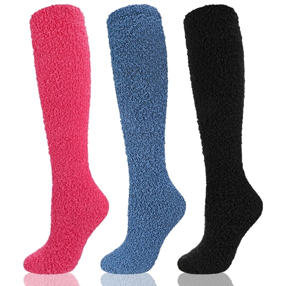 Bocaoying 3 Pack Women‘s Plush Knee-High Socks - Coral Fleece Thigh High Warm Winter Socks for Sleep & Home, Soft Cozy Gift Set with Neutral Colors