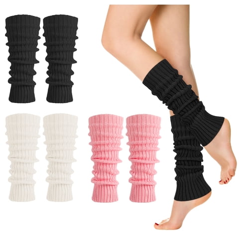 3 Pack Rib Knit Leg Warmers for Women, Acrylic Leg Warmer Socks with Ruffle, Soft Stretchy Ankle Warmers for Boots, Y2K Striped Style Leg Covers for Women Outside, Black/Pink/White